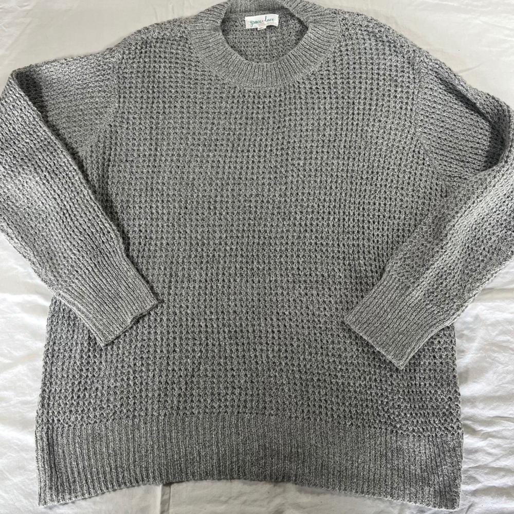 Grace & Lace Boyfriend Slouchy Knit Sweater Womens Large Gray Long Sleeve